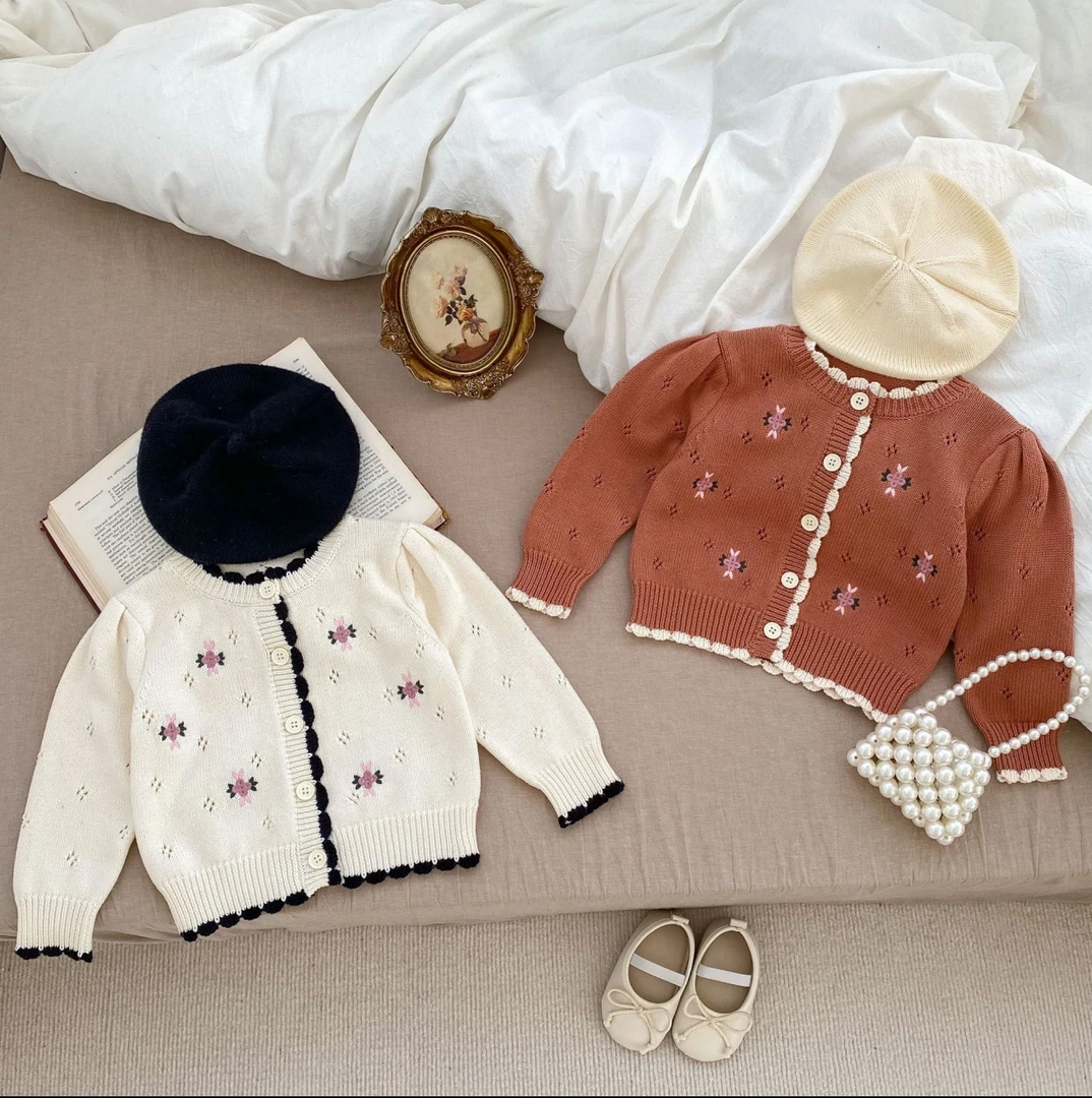 萱妈家绣花拼色花边开衫外套M2057