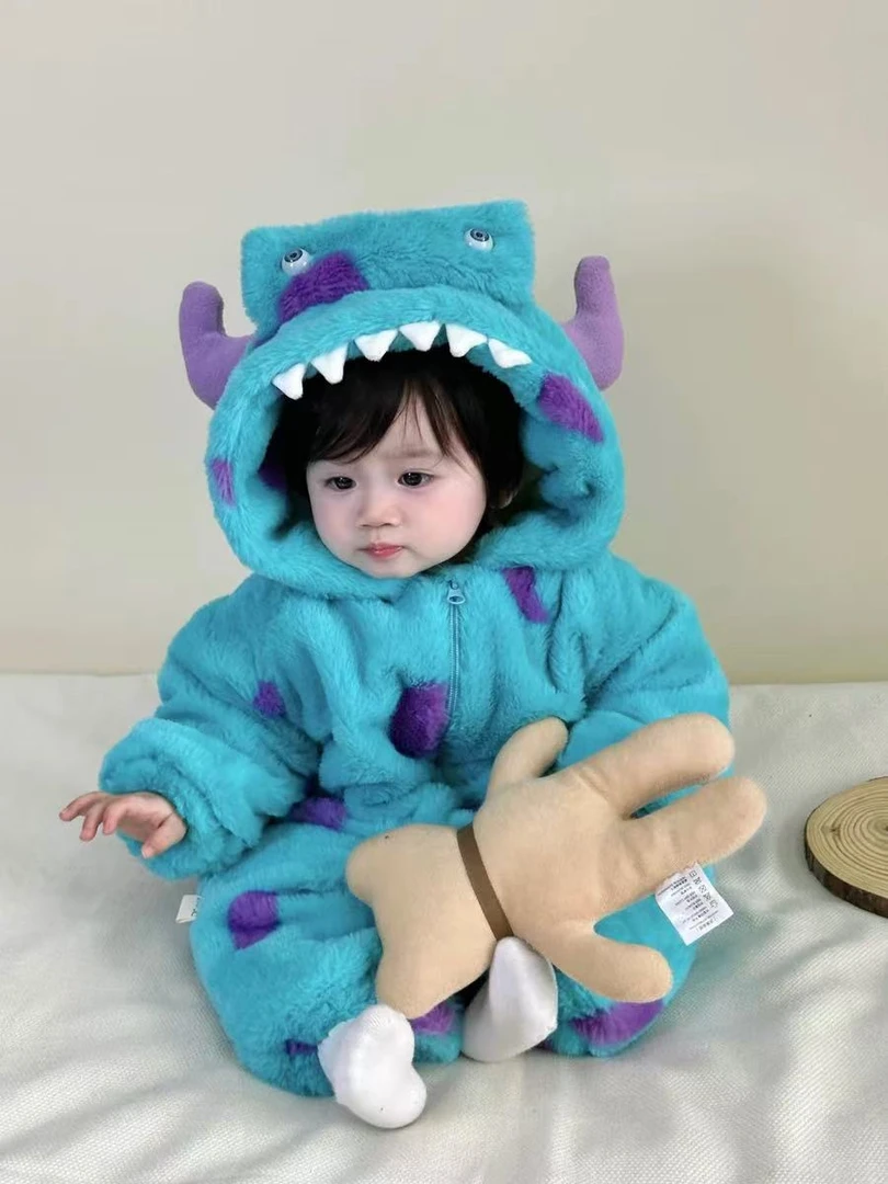 萱妈家【蓝色小怪兽】冬季男女宝趣味可爱婴儿连体加绒加厚保暖爬服