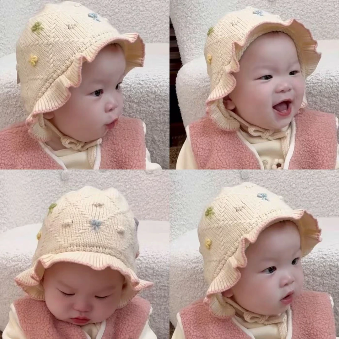 萱妈家【针织花边帽】婴儿秋冬韩版洋气小月龄公主帽保暖护耳毛线帽