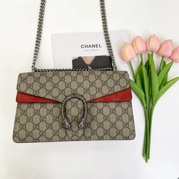 99新 GUCCI/古驰 古驰/酒神中号/老花拼红色/经典百搭/单肩包