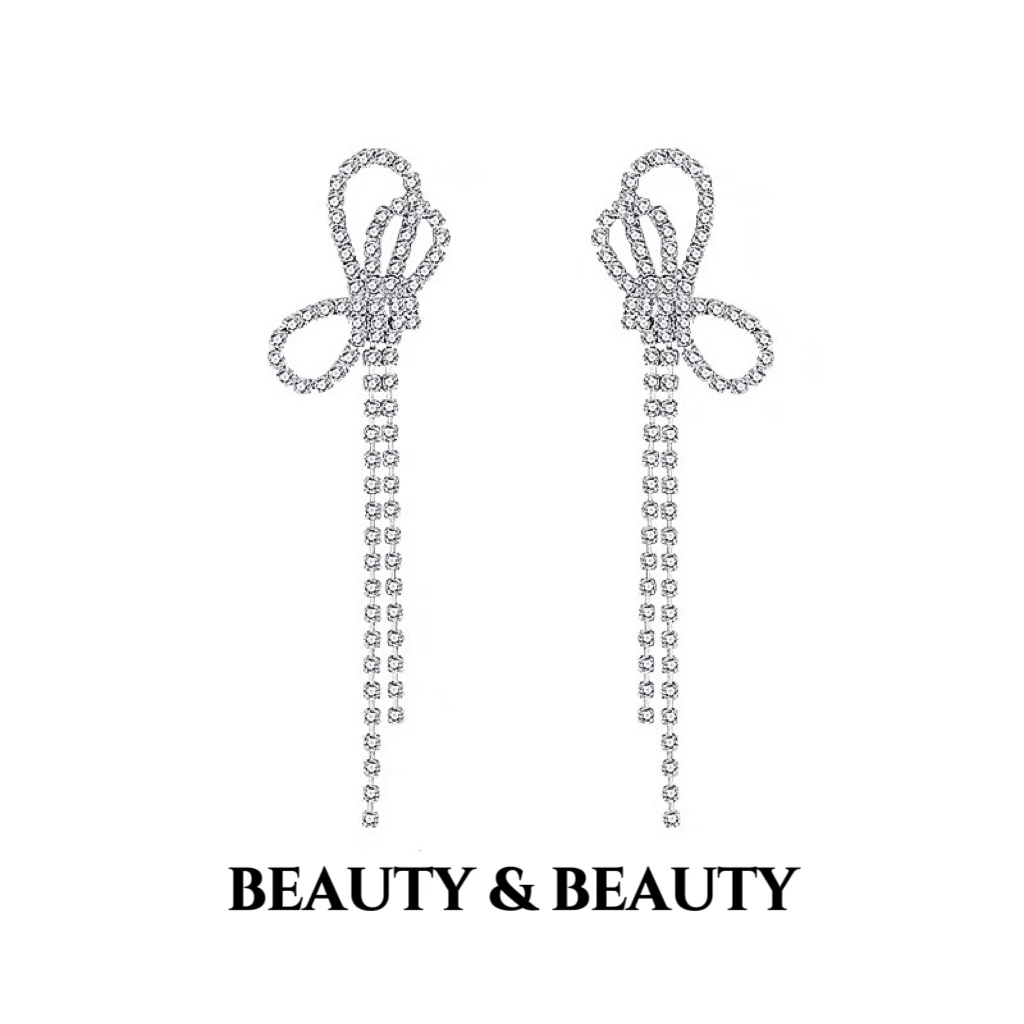 铜合金合成锆石耳饰 甜美蝴蝶结闪亮流苏耳环气质时尚搭配旗袍