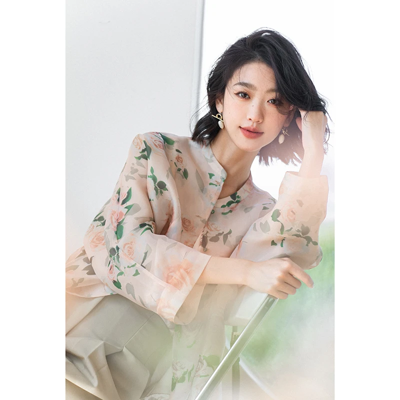 23CS948国风印花衬衫中国风圆领碎花上衣复古春夏宽松设计感小众