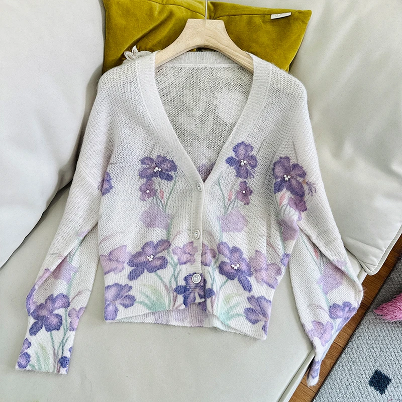 104MS3222慵懒风V领长袖秋冬针织衫上衣宽松百搭设计感印花毛衣