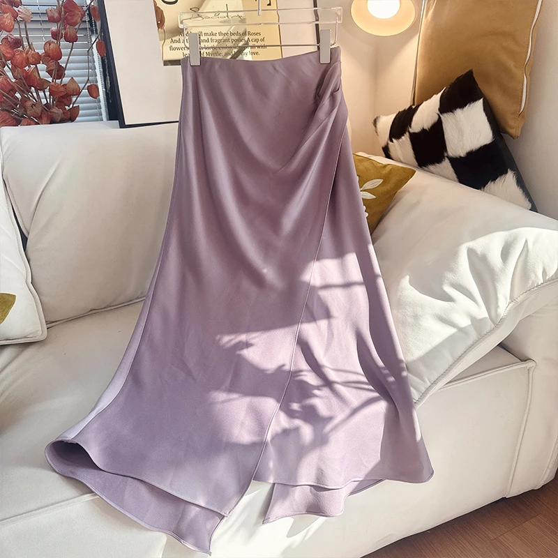 63BQ1125时尚褶皱开叉半身裙高腰不规则设计气质纯色简约A字裙