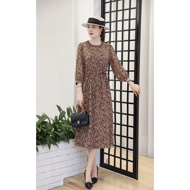 【千姿燕】5620新款花边领咖色金枝玉叶收腰显瘦气质时尚女装连衣裙