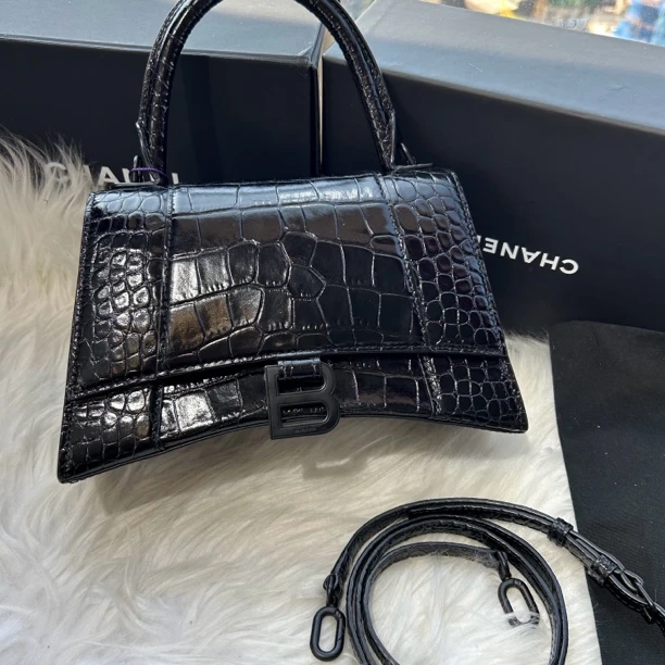 99新 Balenciaga/巴黎世家 臻选黑色鳄鱼压纹沙漏包s号经典单肩