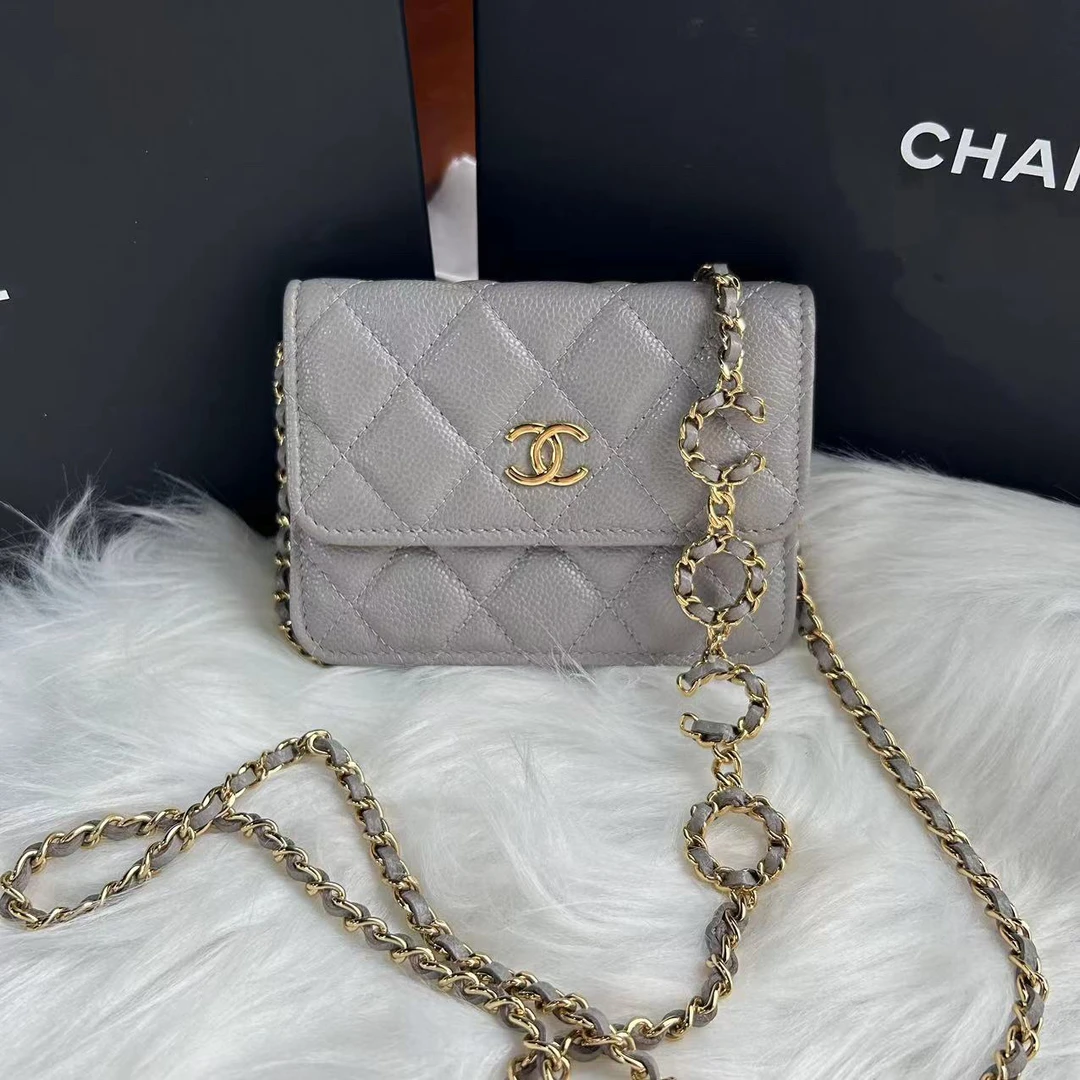 95新 Chanel/香奈儿 灰色荔枝牛coco肩带零钱包(31开)