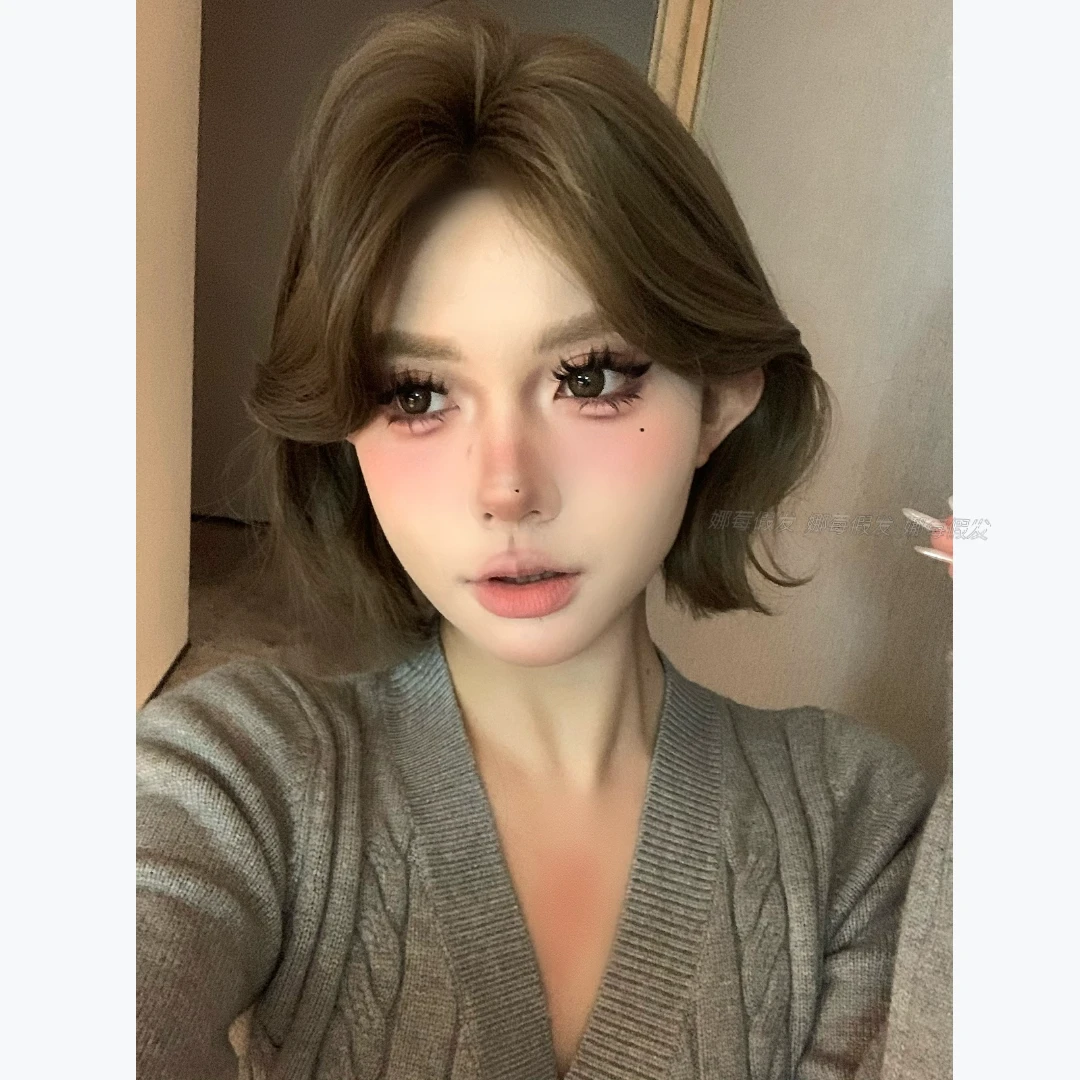 -【薄荷奶绿】薄荷茶棕机织中分碎发刘海新款短发C学生女头套假发