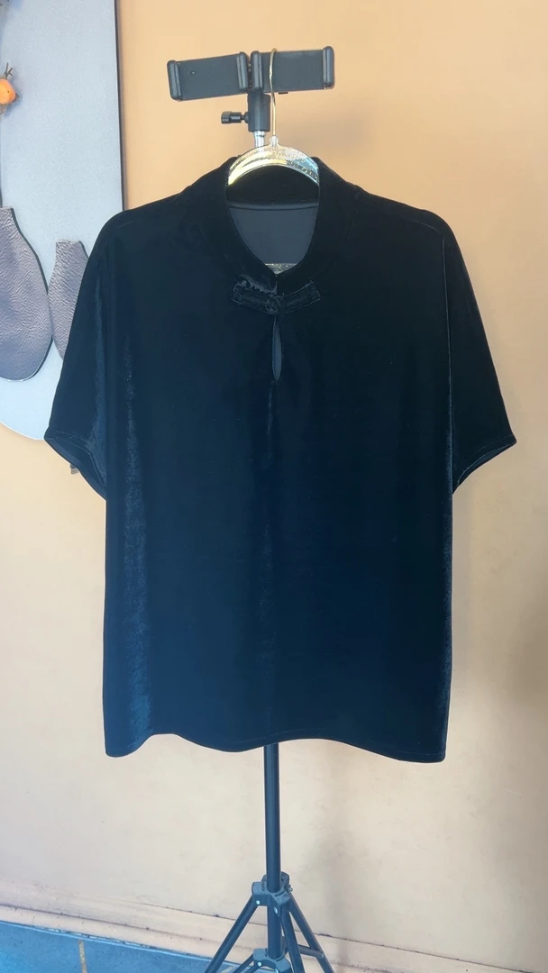 【家美】新中式休闲百搭宽松设计师盘扣丝绒半袖【828】