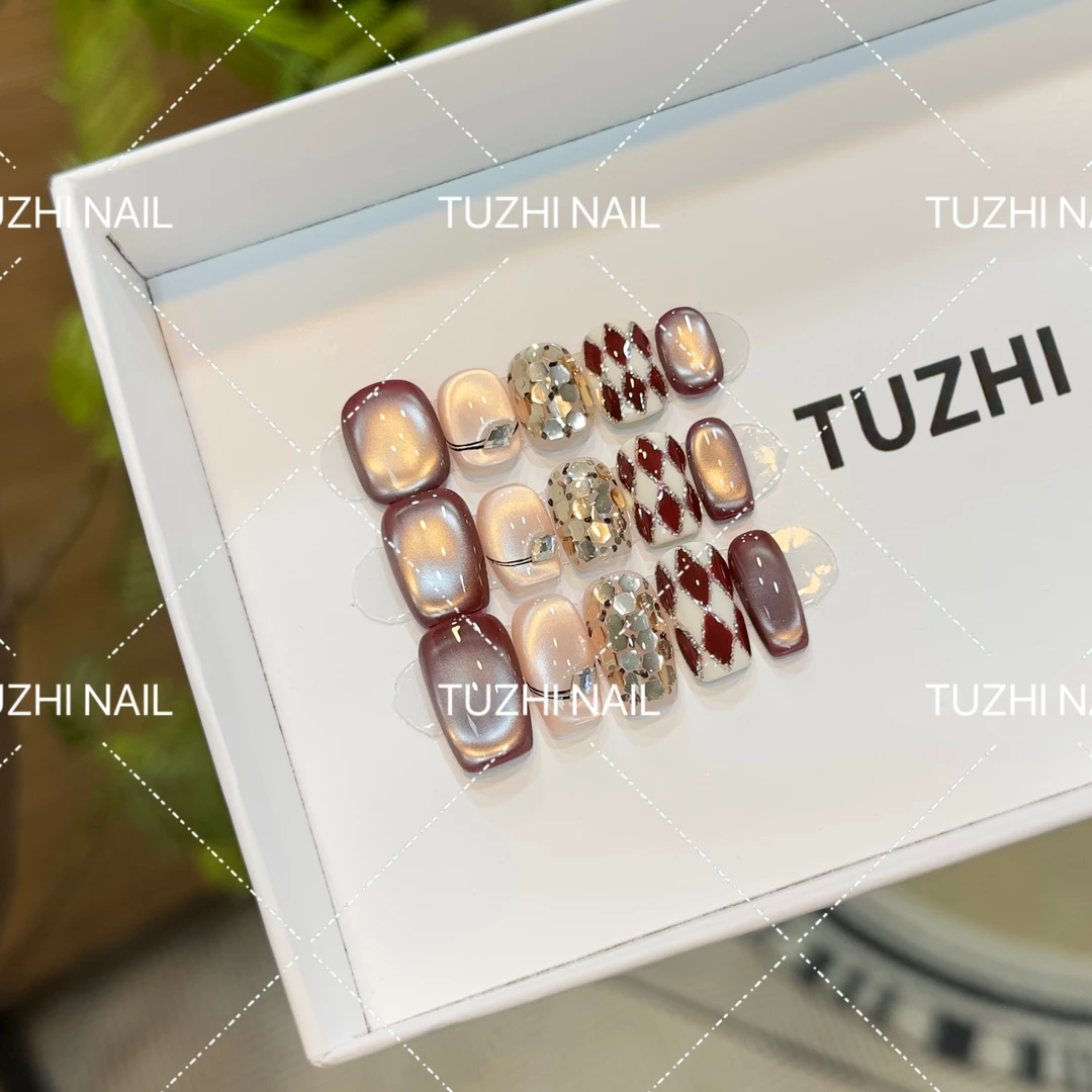 红格纹-秋季新款美拉德  纯手工美甲  10片  可重复穿戴TG-XR