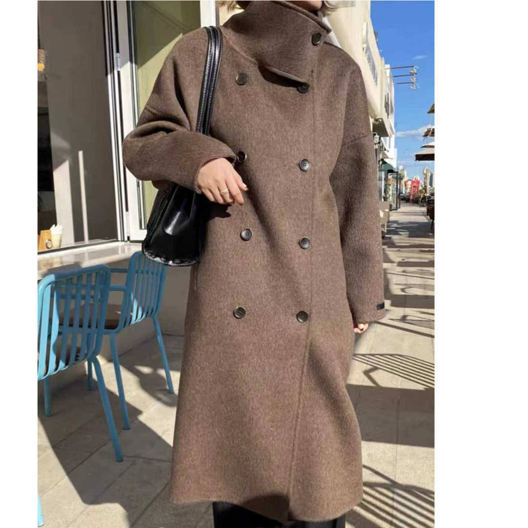 新款高级立领双排扣双面穿毛呢大衣宽松气质百搭毛呢外套