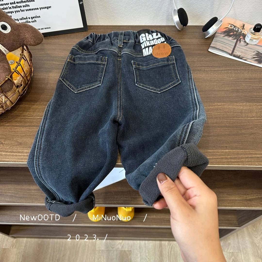 【小黎家】2023儿童洋气男休闲韩版宝宝时尚秋冬加绒牛仔裤潮YY8066
