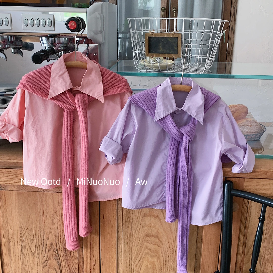 2023春装新款儿童衬衫披肩2件套韩版马卡龙色清新23C086