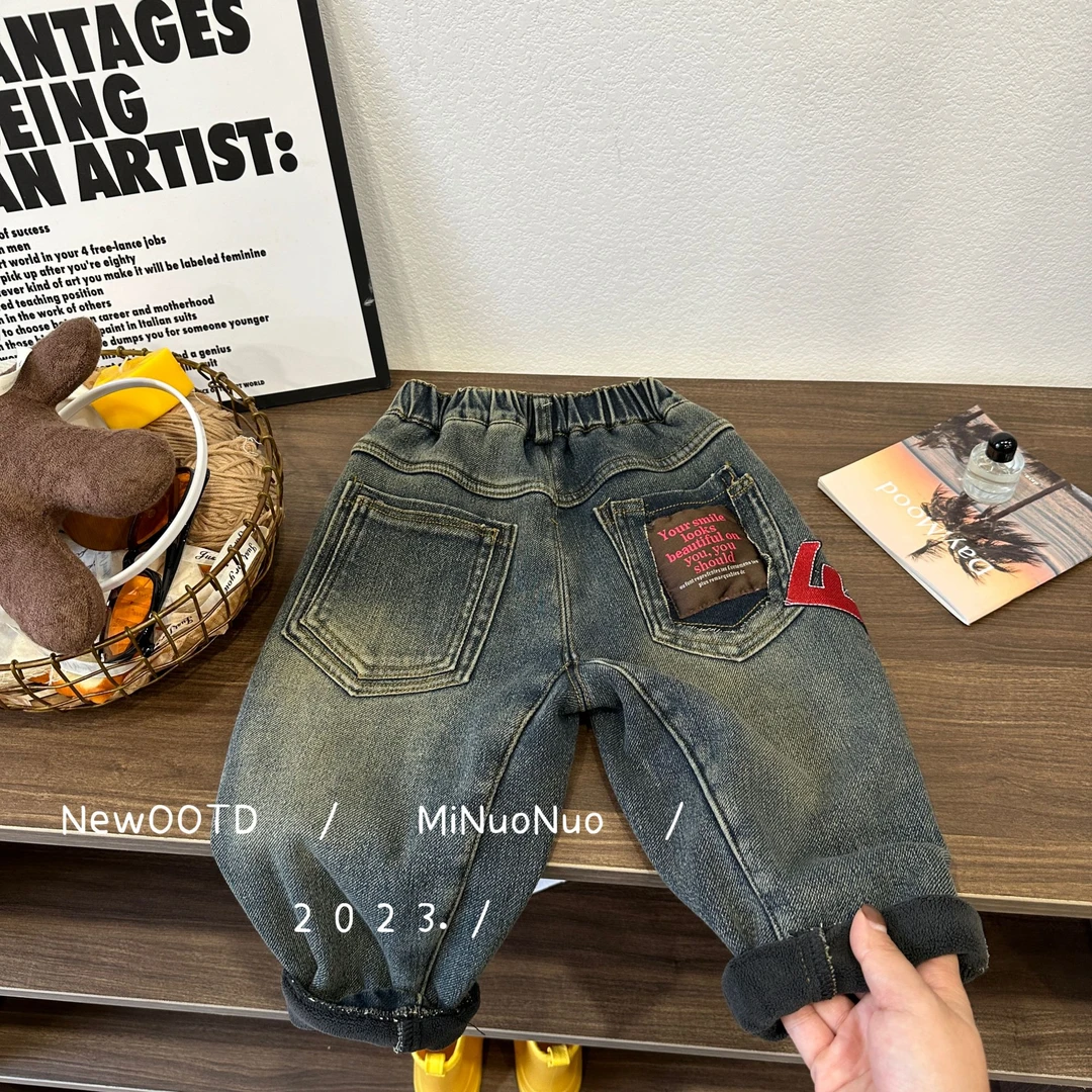 【小黎家】2023儿童男百搭时尚加绒新冬韩版有弹牛仔裤D23011