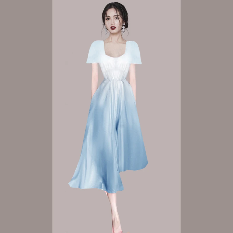 法式小众气质仙女裙2024夏季新款渐变蓝色雪纺连衣裙女