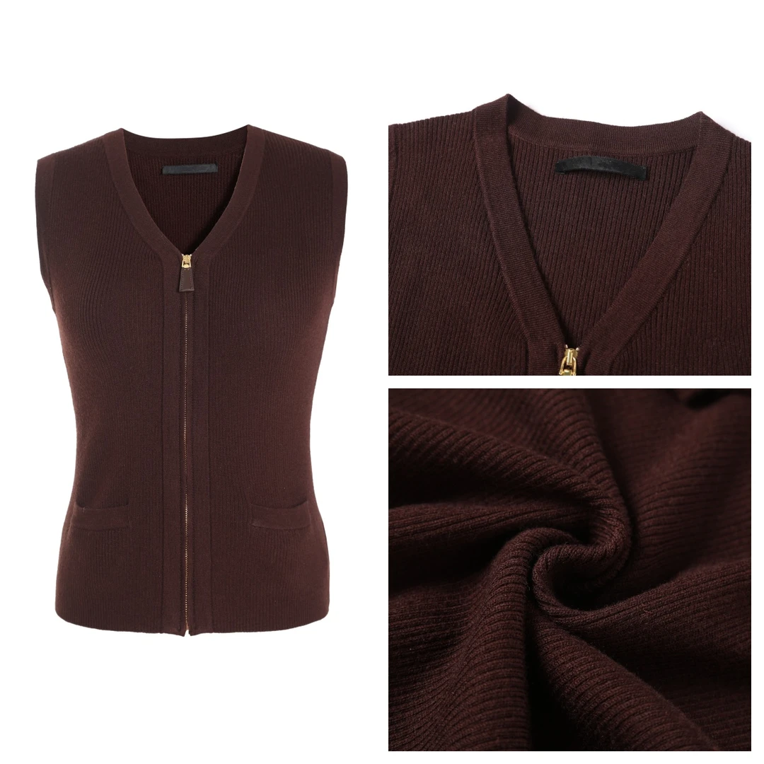 新款金属V领无袖背心百搭拉链针织开衫马甲M2405-MJ01（0067）