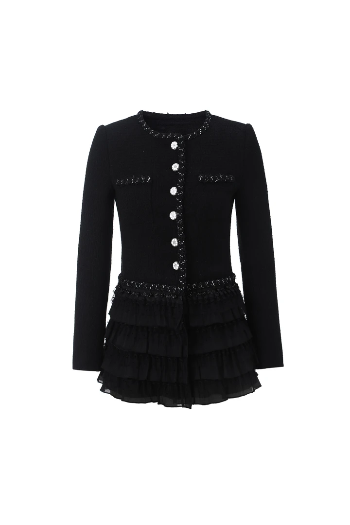 绝美黑色气质短款毛呢外套粗花圆领带蓬蓬连衣裙M1124-WT69