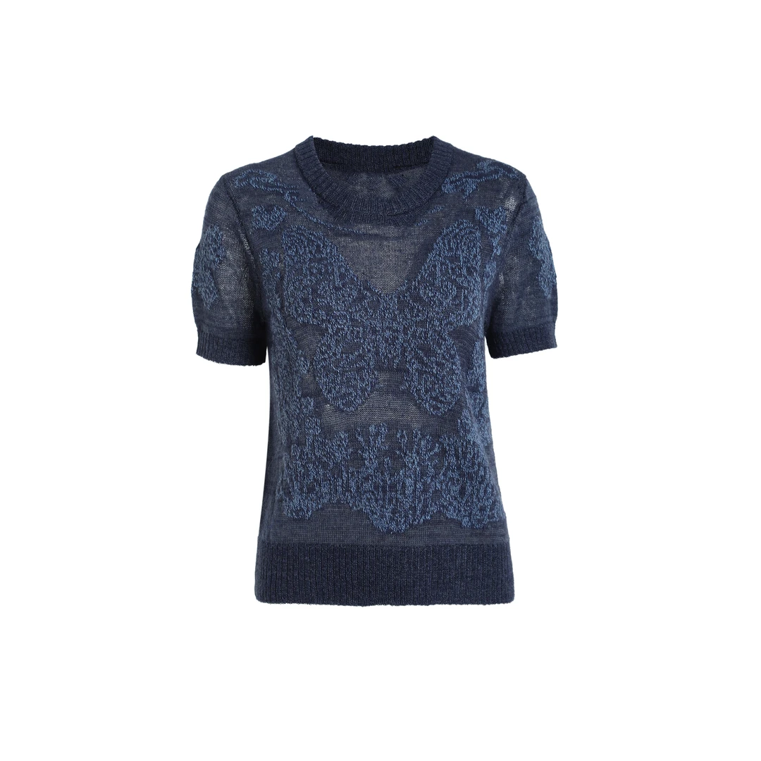 早春重工新款微透蝴蝶庄园短袖女时尚圆领提花针织套头上衣潮0010