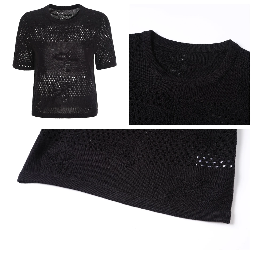 小香蝴蝶结高密提花镂空甜美别致气质减龄T恤M2405-ZZ05（0028）