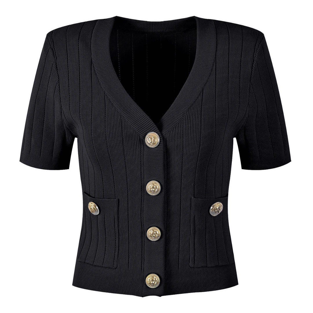 高级编织法式V领收腰显瘦短袖金扣编织上衣MEJ2303-ZZS03（0054）