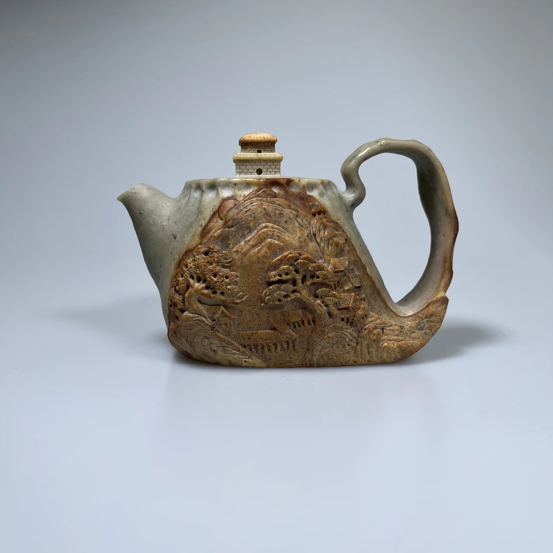 已售展示《溪亭》240ml何国强全手工玉化冰碛岩石茶壶中式高端收藏