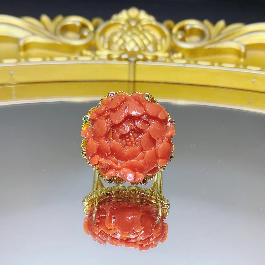 铜合金戒指 轻奢032时尚经典设计粉色牡丹花戒指小众红色