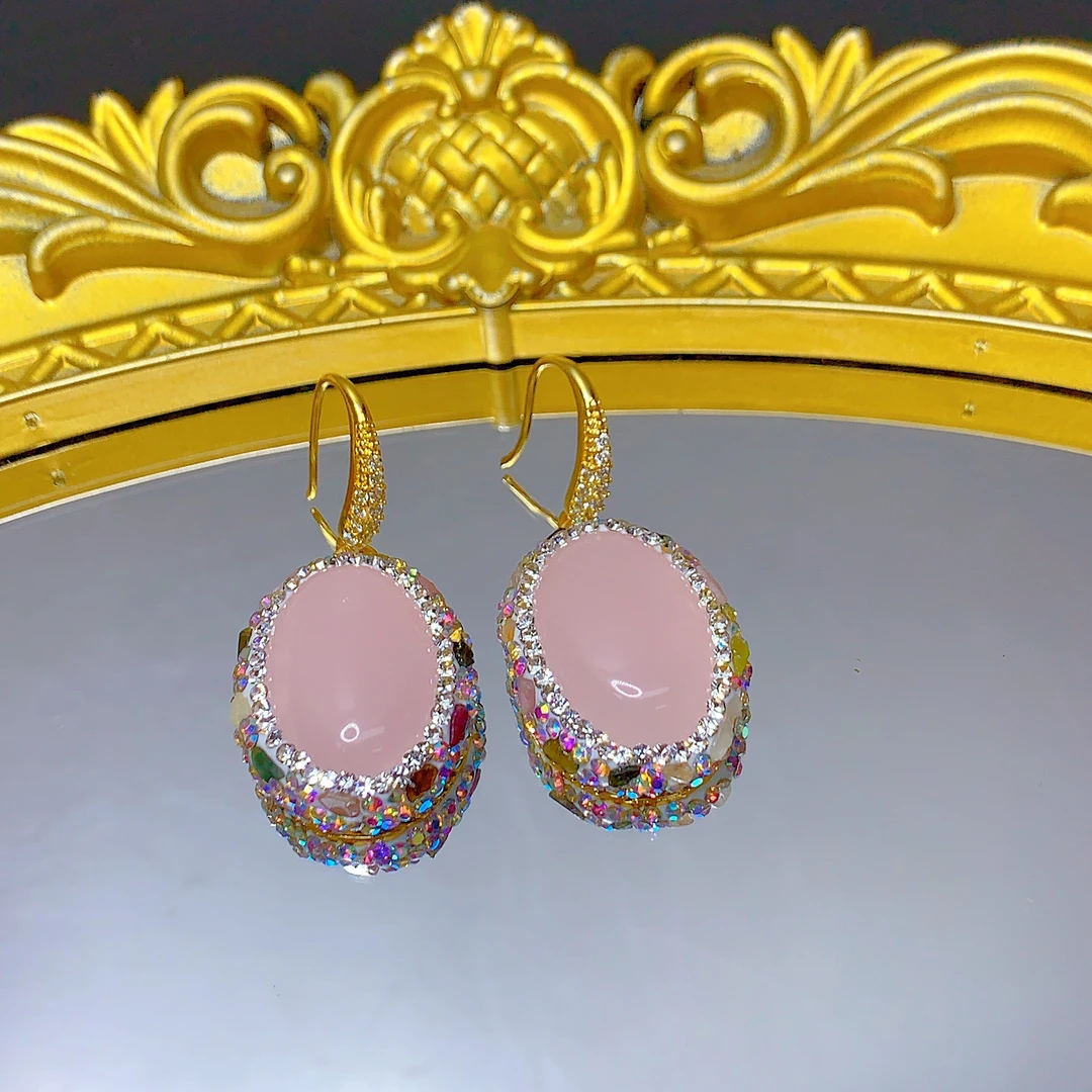 铜合金耳饰 气质216复古手工轻奢粉色时尚小众耳环耳钩