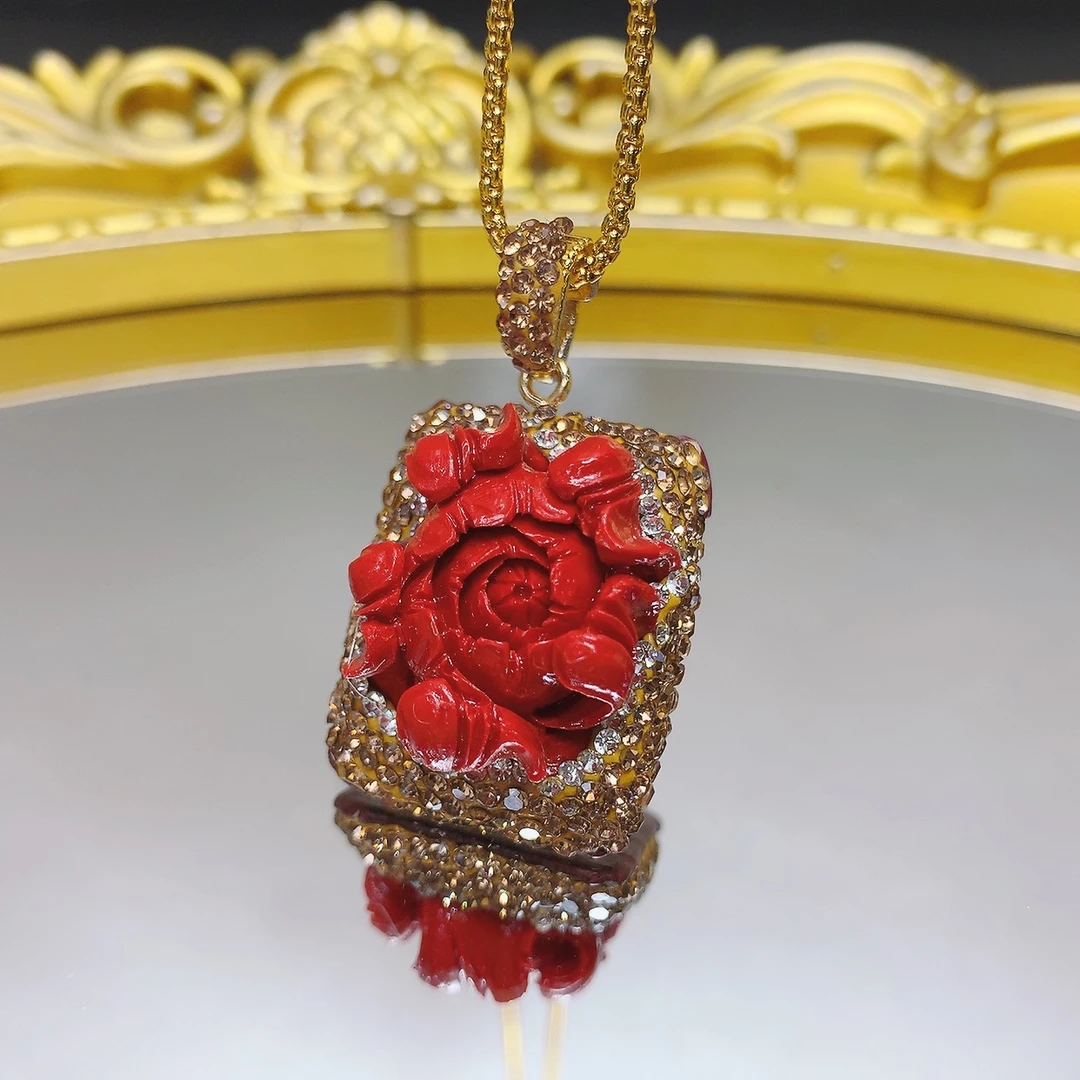 铜合金吊坠 金色项链850时尚经典手工设计红色牡丹花小吊坠