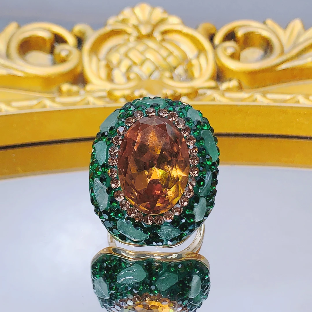 铜合金戒指 627经典百搭设计款苏丹石戒指高颜值双色镶嵌彩色绿色