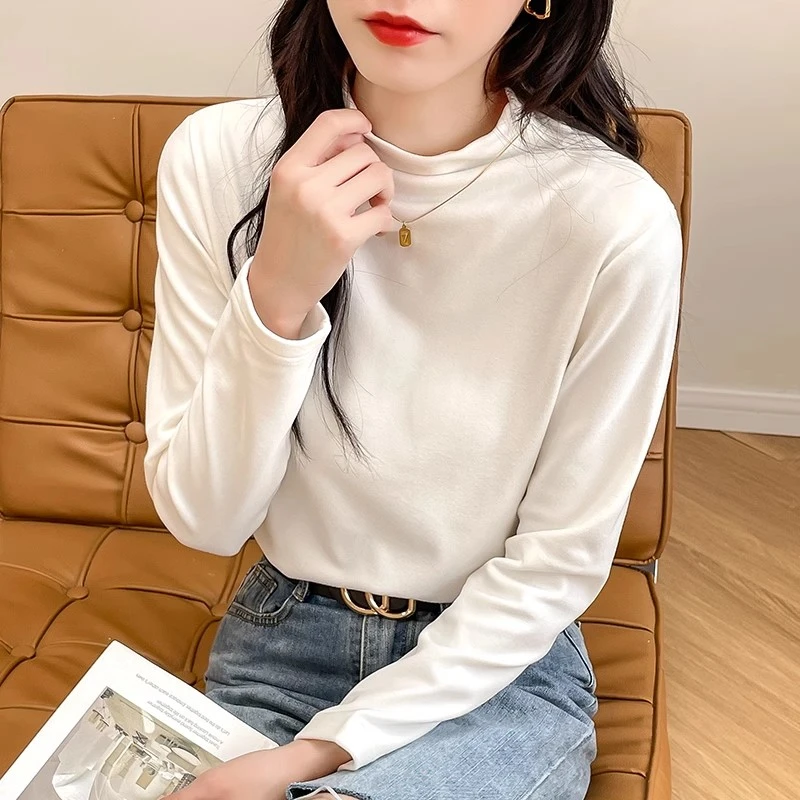 打底衫2023新款女纯色德绒半高领内搭女修身秋冬百搭长袖T恤上衣