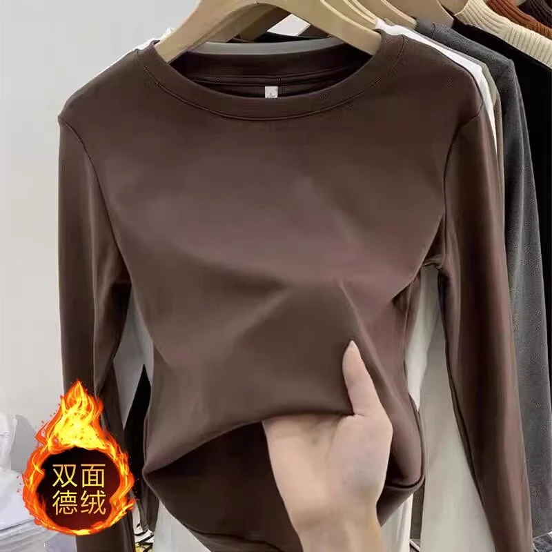 德绒打底衫女秋冬加绒加厚大码外穿上衣咖色内搭圆领保暖长袖T恤