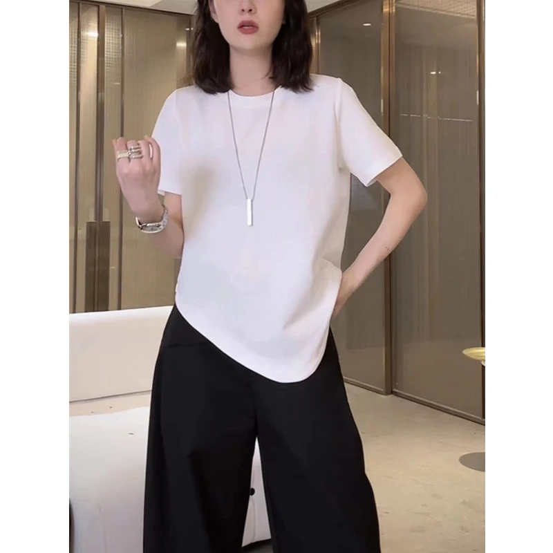 春秋夏季新款纯棉T恤女不规则设计感宽松遮肉显瘦百搭打底衫上衣