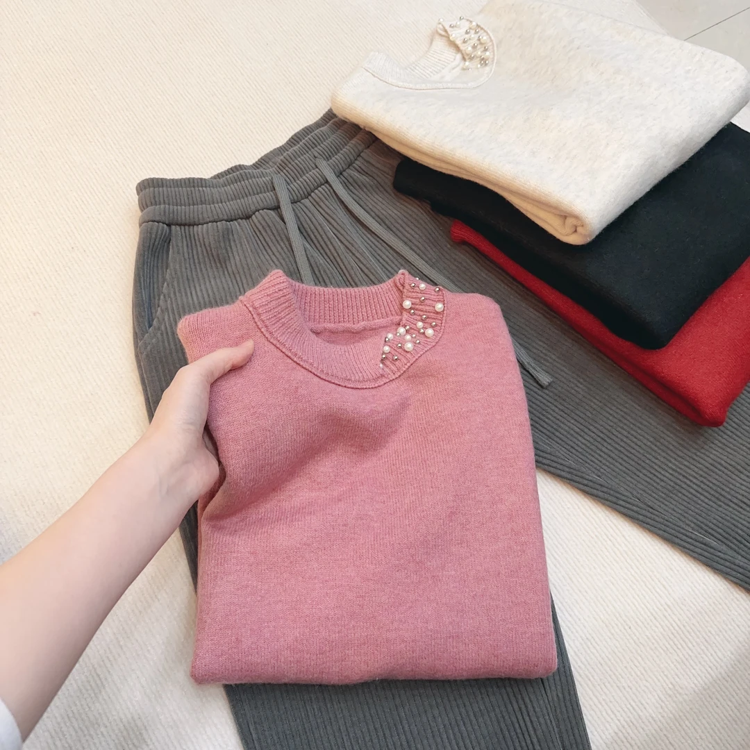 【专柜品质】时尚洋气宽松百搭针织衫毛衣圆领钉珠厚款打底衫女装C3