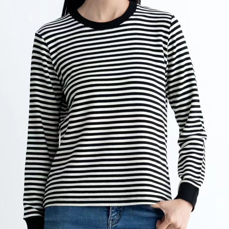 森鹅女士【条纹圆领毛衫】休闲打底秋冬保暖