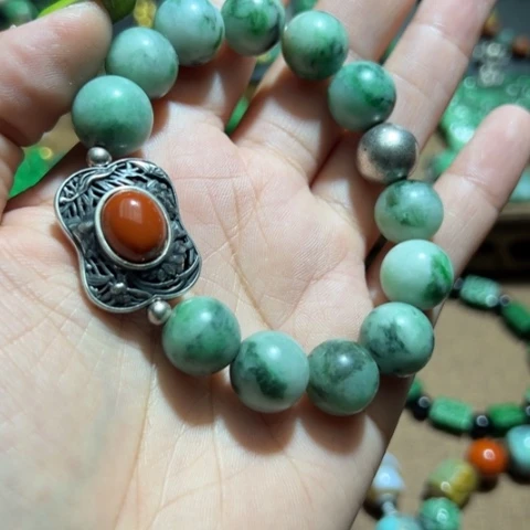 翡翠手串银S925镶嵌翡翠手串