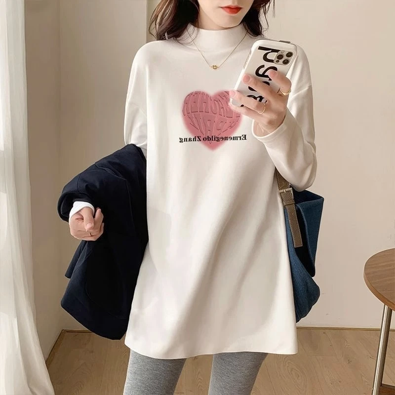 半高领德绒卫衣女秋冬新款洋气宽松加绒加厚内搭中长款白色打底衫