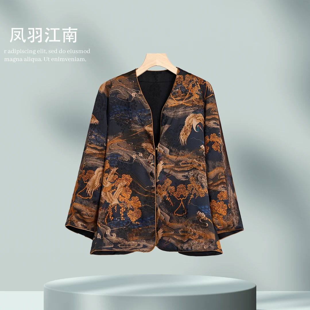 [鹤踏祥云]新中式桑丝缎长袖外套