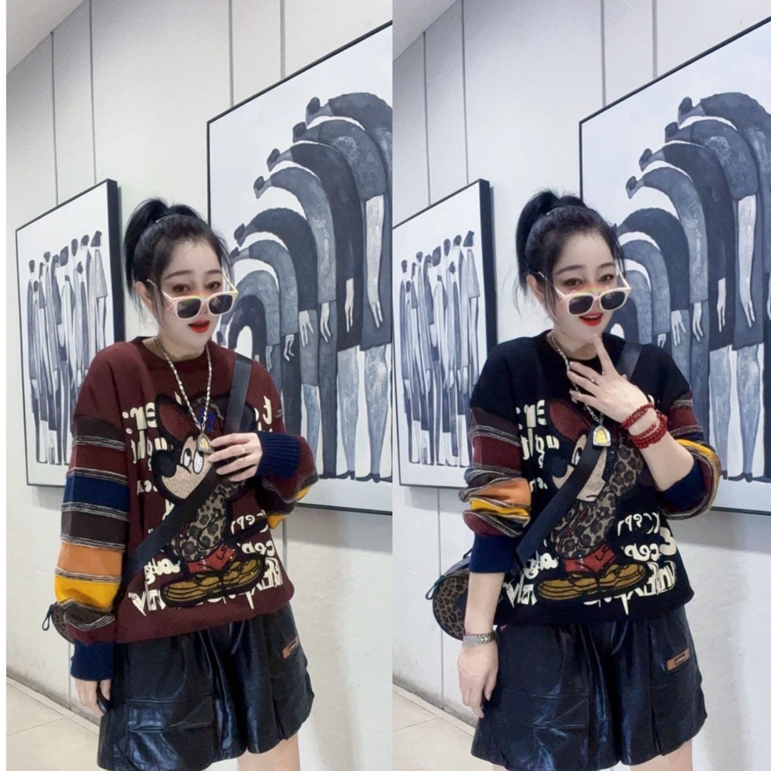 梵玛加列-5865#秋冬季新款潮牌宽松时尚拼接针织袖加绒圆领卫衣女