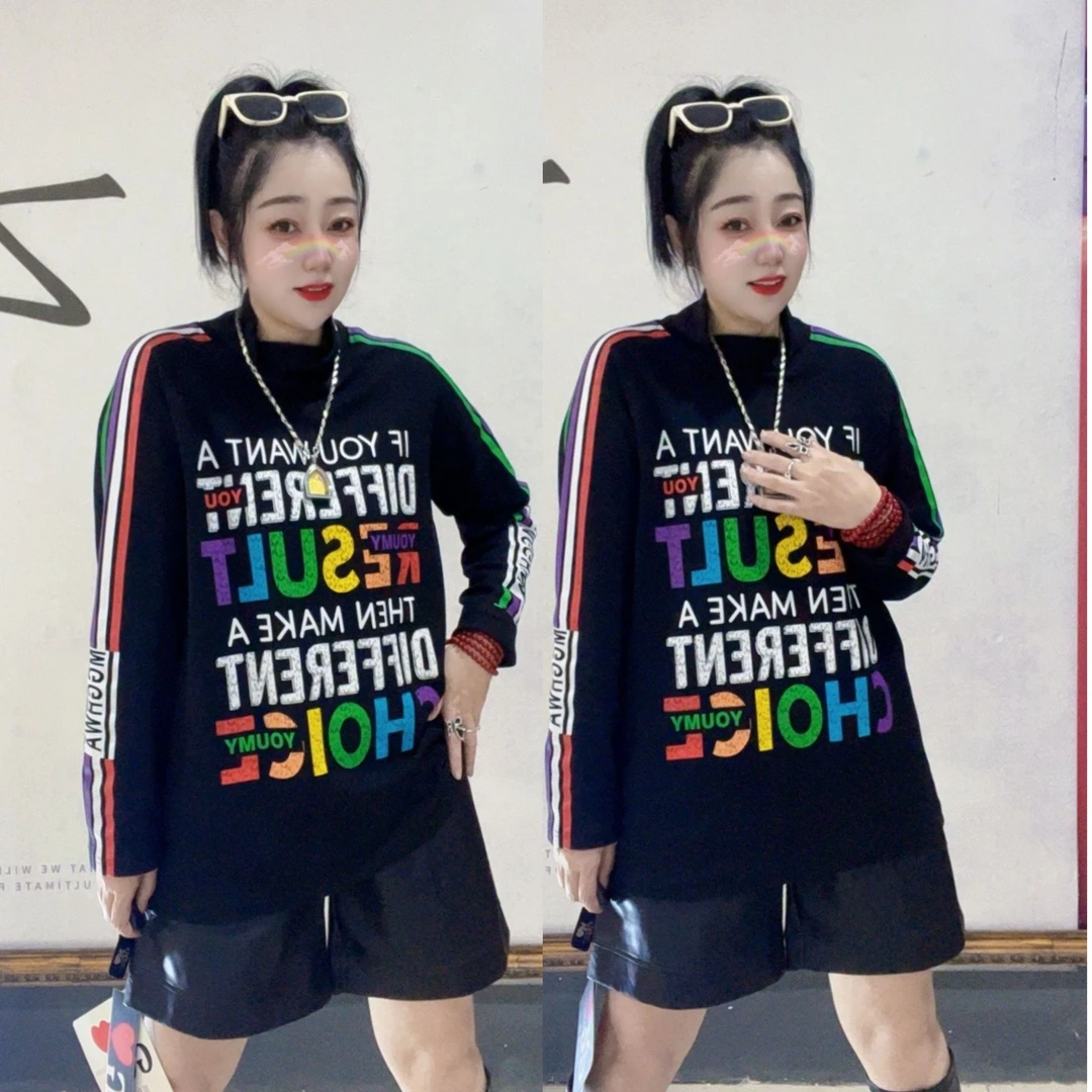 MGG潮#8576#秋冬季新款潮牌彩色印花加绒小中领打底单穿绒衫T女