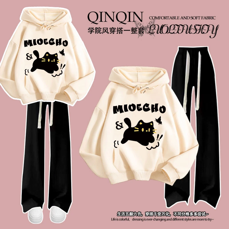 秋冬新款男女童加绒连帽卫衣长裤套装洋气韩版猫咪印花学生两件套