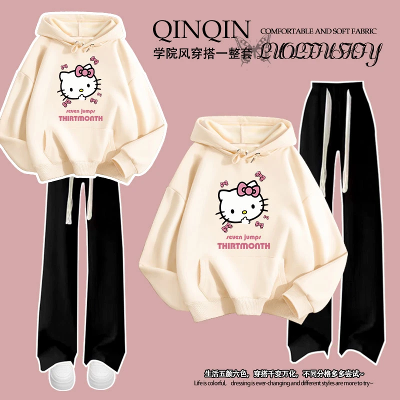 2025秋冬新款女童加绒连帽卫衣长裤套装洋气卡通凯蒂猫印花中大童