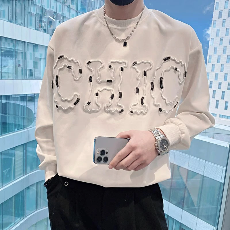 高端潮牌男装轻奢秋季男装高级感休闲长袖t恤刺绣字母重磅卫衣男