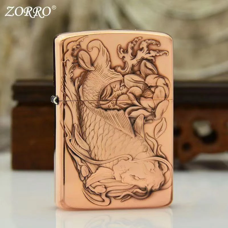 ZORRO佐罗紫铜3D浮雕荷塘鲤鱼煤油打火机个性定制立体深雕礼物