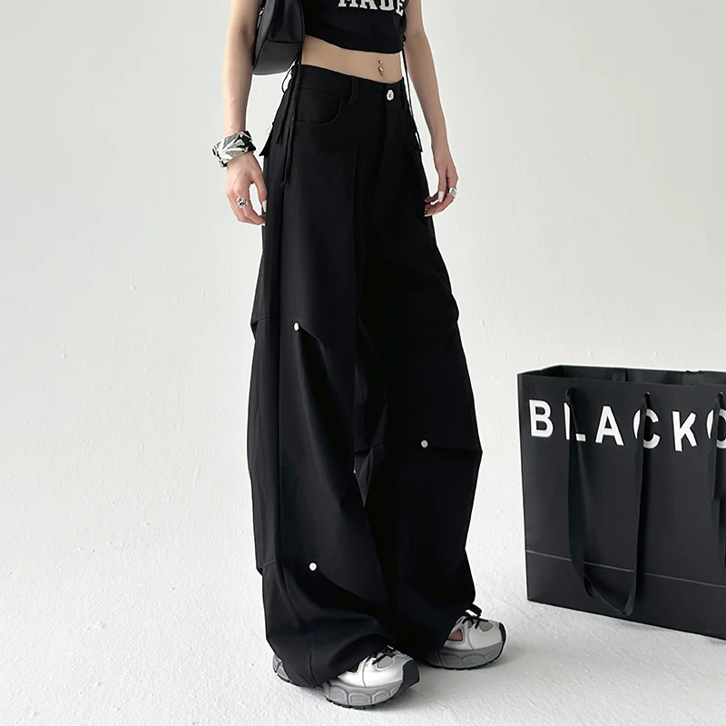 美式中性风熠皱金属圆钉设计工装裤男女夏季宽松显瘦微喇叭休闲裤