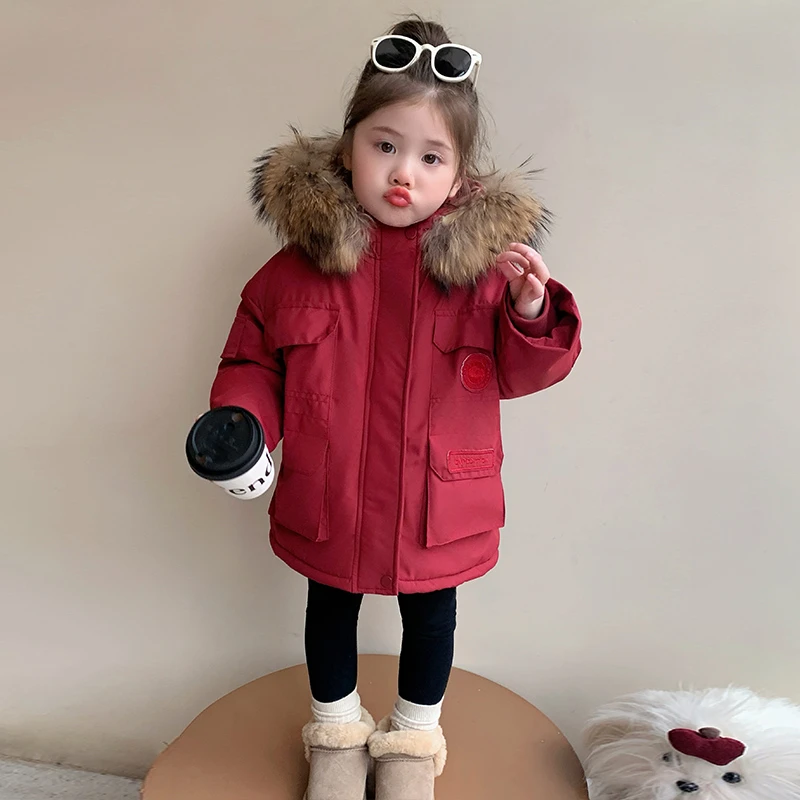 女童冬季棉服洋气派克服2024新款儿童加绒加厚外套大毛领宝宝冬装