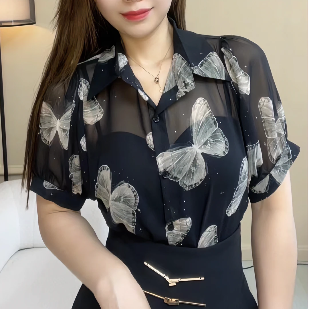 【美丽】夏季新款减龄时尚洋气气质设计感小众蝴蝶印花短袖衬衫女