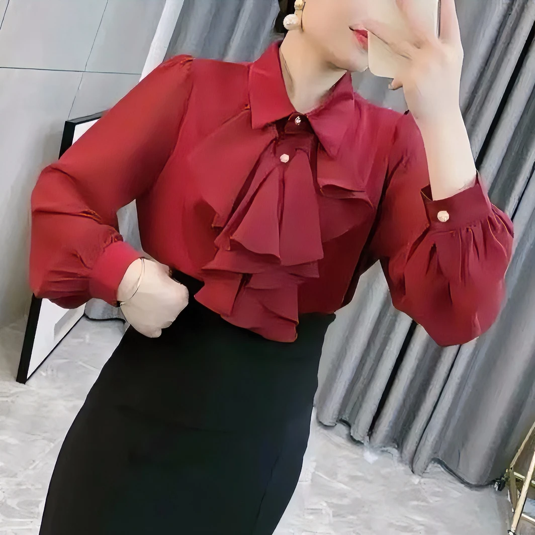 【美丽】时尚夏季新款法式纯色洋气高端上档次荷叶边长袖衬衫女衬衣