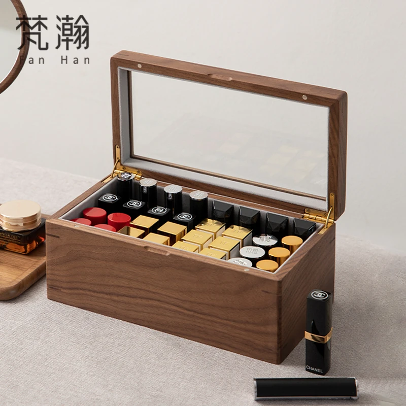 FANHAN/梵瀚黑胡桃木口红收纳盒带盖桌面复古防尘立式唇釉化妆盒