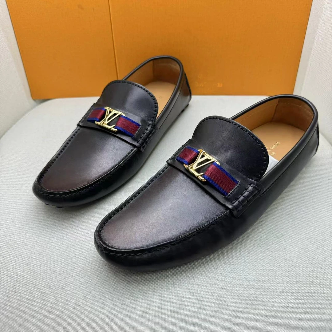 全新未使用 LouisVuitton/路易威登 黑色红蓝织带金扣豆豆鞋/41欧