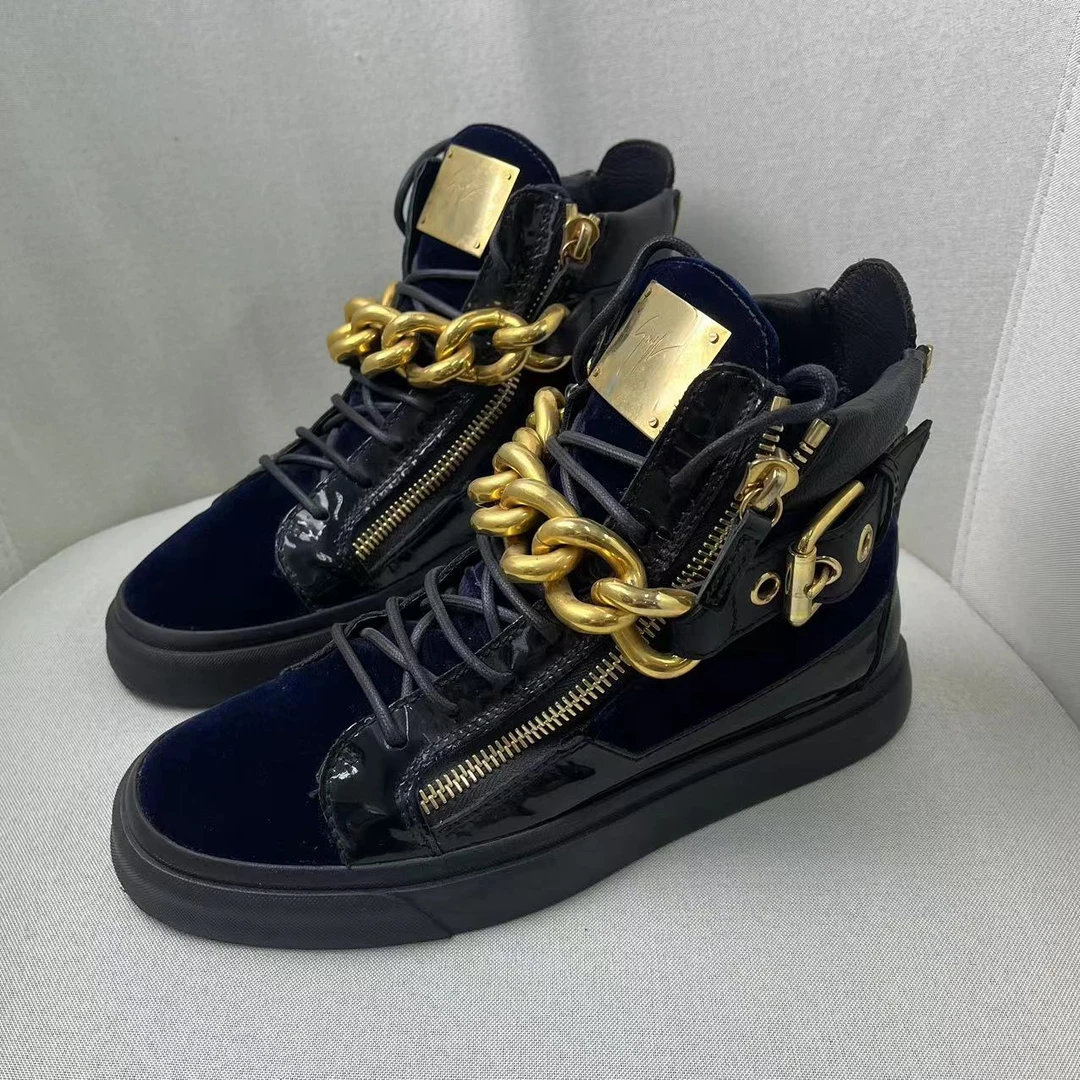 GiuseppeZanotti蓝色灯芯绒时尚百搭高帮金链休闲板鞋/41欧/96新
